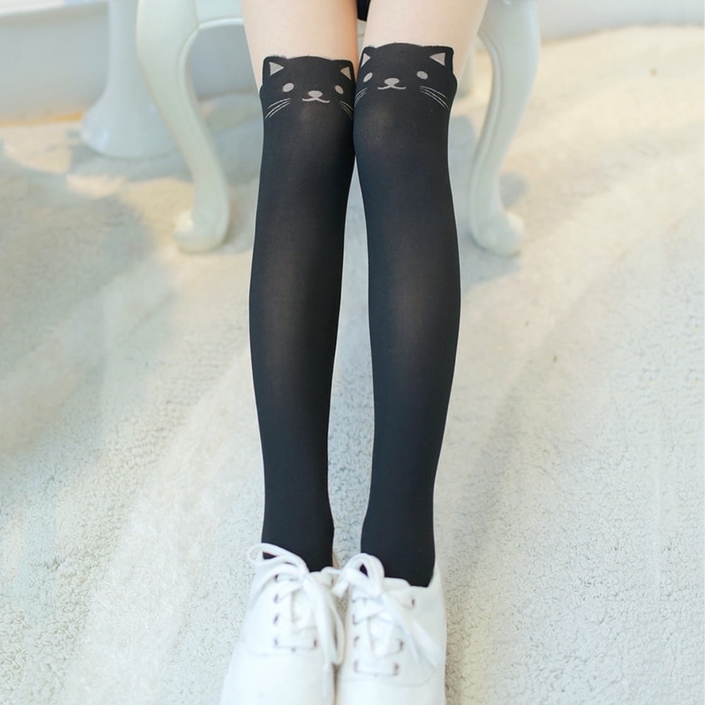 HOT TOPIC cat print hosiery tights black stockings pantyhose pattern costume tan - Picture 4 of 7